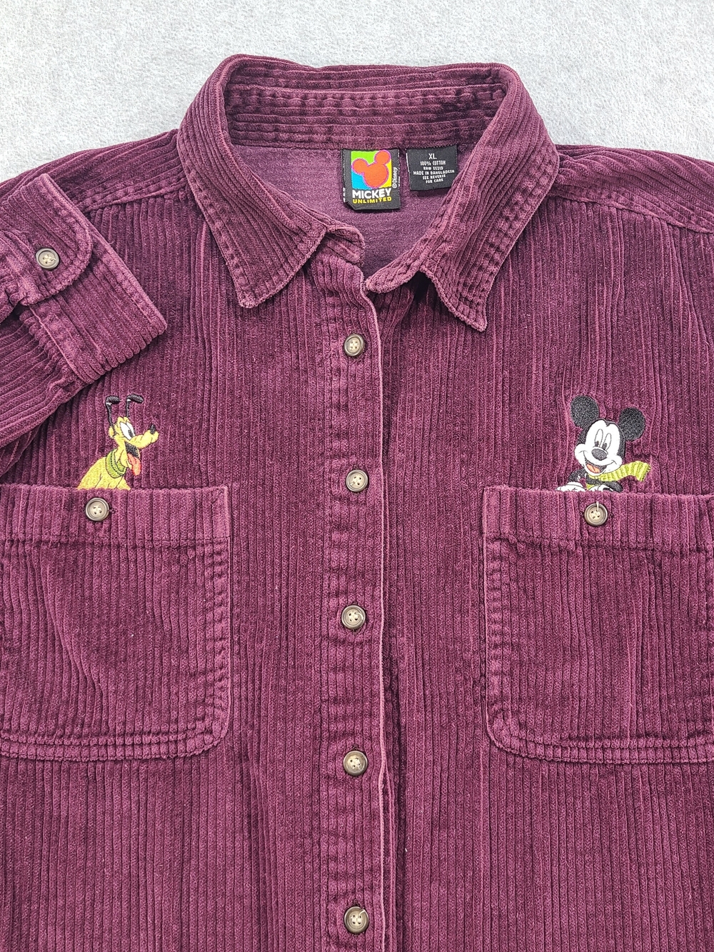 Mickey Unlimited Plum Corduroy Button Shirt Woman XL LS Mickey Pluto Embroidery